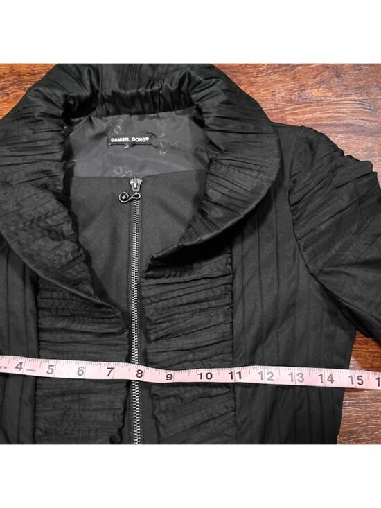 Samuel Dong Black Ruffle Front Long Coat Dress S  Pleated Skirt By Samuel Dong - Picture 5 of 16
